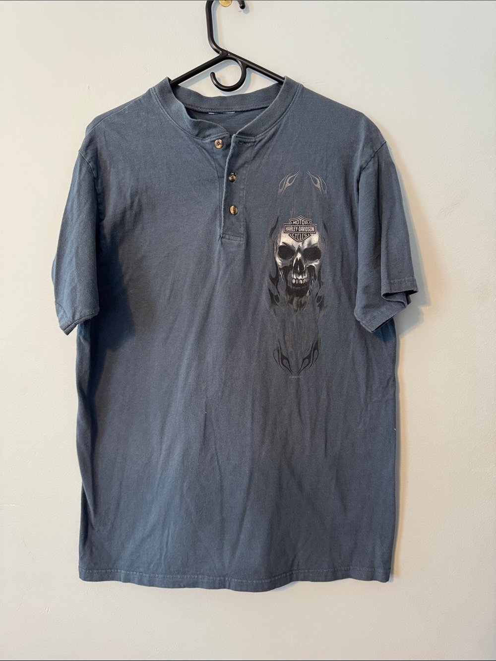 Harley-Davidson Dark Blue Skull Henley Short Sleeve Tee